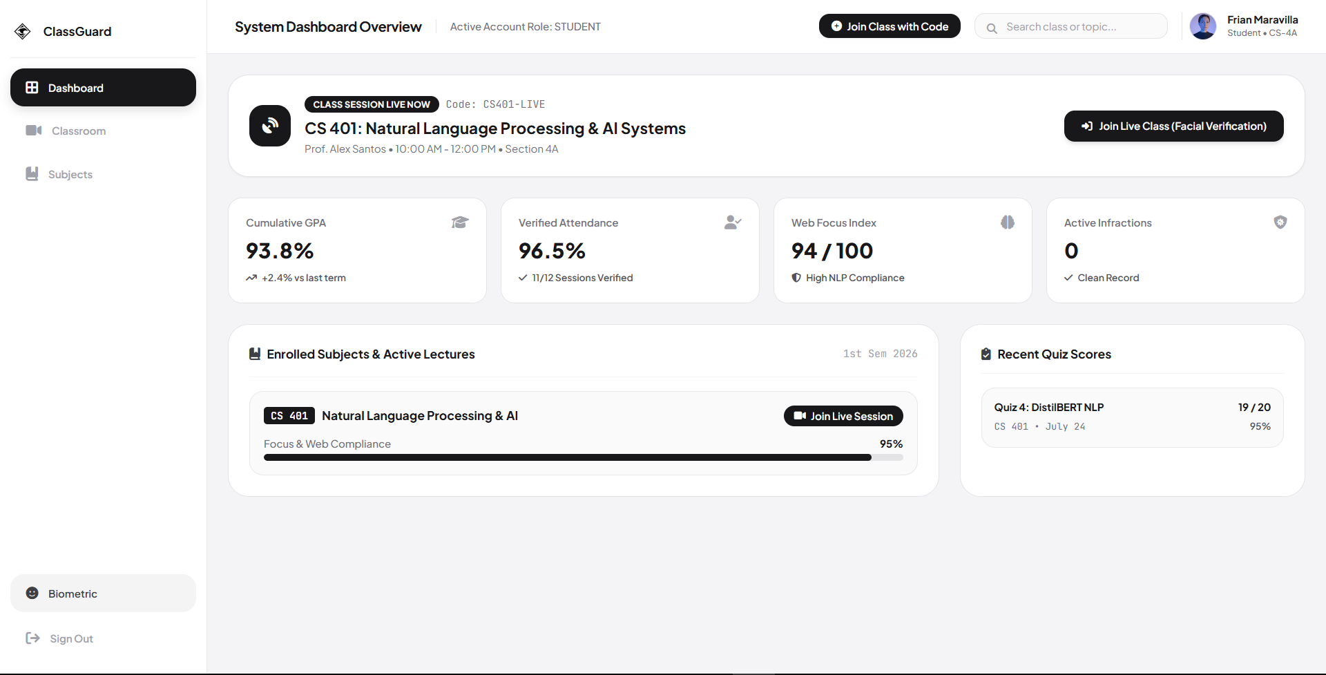 ClassGuard student dashboard